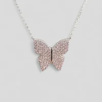 Close up of Blush Flutter Necklace Pink Crystal Butterfly in 925 Silver