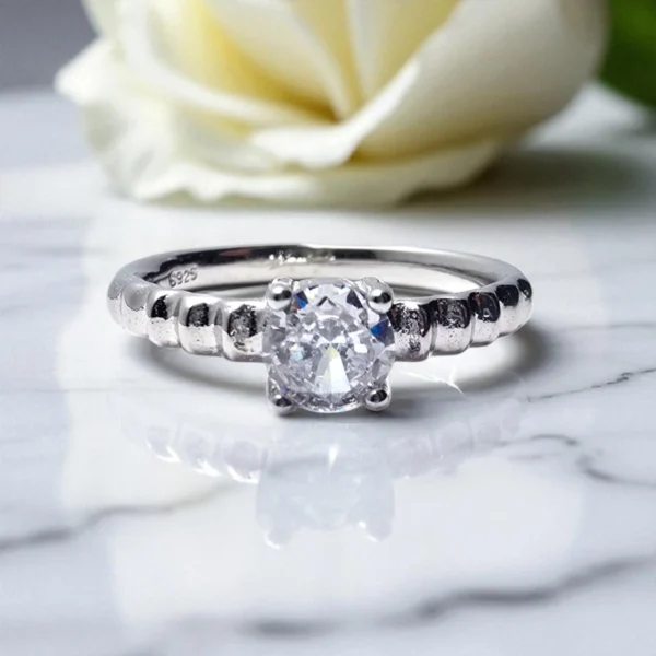 Front view of Close up of 925 Beaded Solitaire Ring