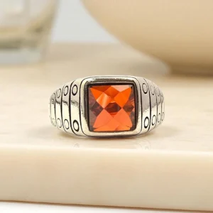 Matrix Orange Gemstone Ring - 925 Vintage Textured Silver