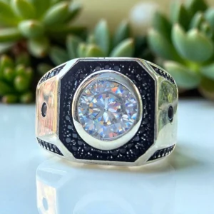Regal Orbit Ring – White Stone with Black Accents in 925 Antique Silver