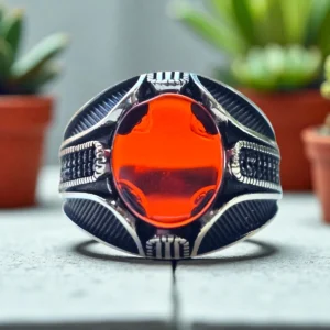 Ember Shield Ring – Vintage Red Stone in 925 Antique Silver