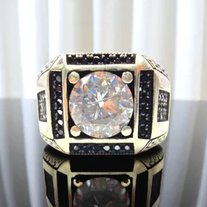 Home 50 Sovereign Ice Ring – 925 Silver with Round CZ & Bold Black Accents