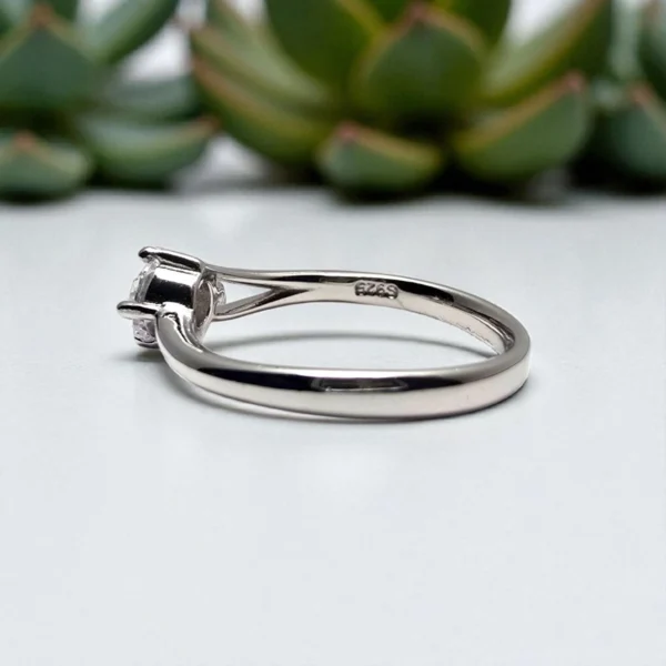 Back view of Split Shank Solitaire Ring – Silver Band with CZ Sparkle