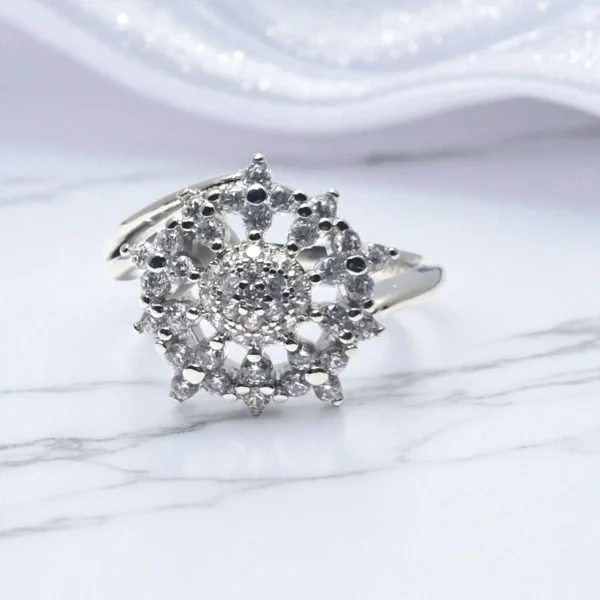 Close up of 925 Floral Cluster CZ Ring