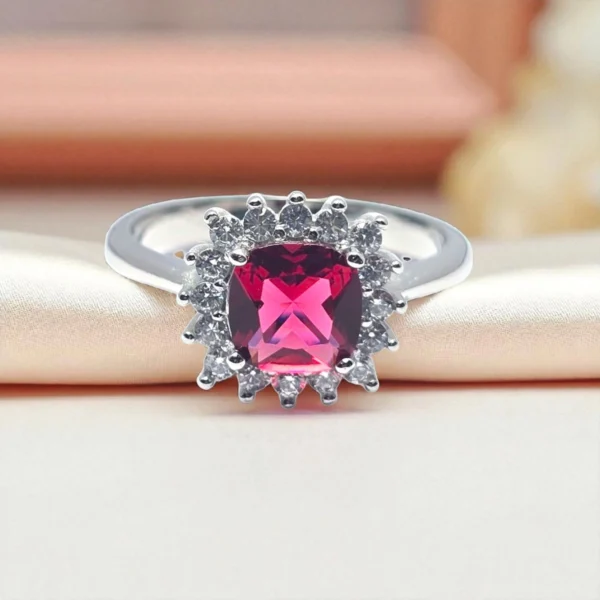 Close up enter top view of Regal Pink Cushion-Cut Stone Ring