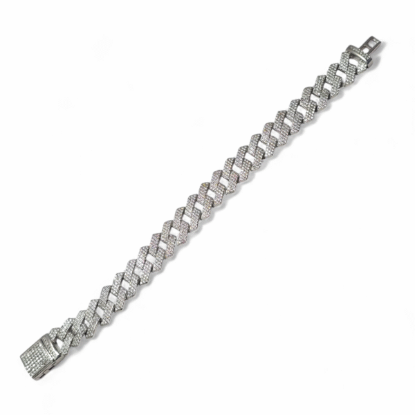 Full stretch view of 925 Silver Iced Valor Cuban Bracelet with CZ Pave Links