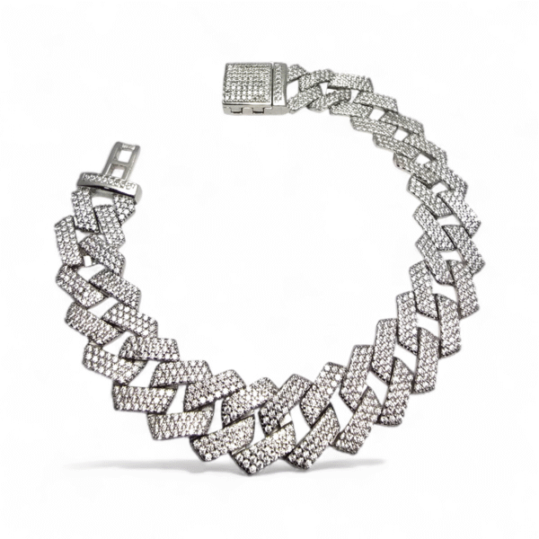 Close up of 925 Silver Iced Valor Cuban Bracelet with CZ Pave Links
