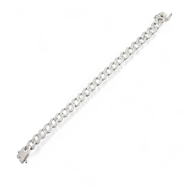 Full stretch view of Full CZ Ice Glacier Grip Cuban 925 Silver Bracelet