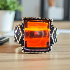 Home 50 Lava Shield Ring – Radiant Orange Stone in Antique 925 Silver