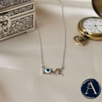 Close up of Love Evil Eye Necklace 925 Silver