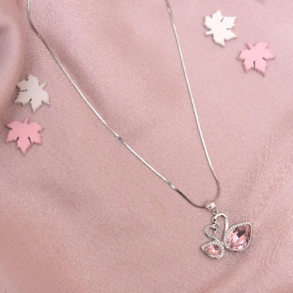 Full display of Swan Love Pendant Necklace – 925 Silver with Pink Pear-Cut Gemstones