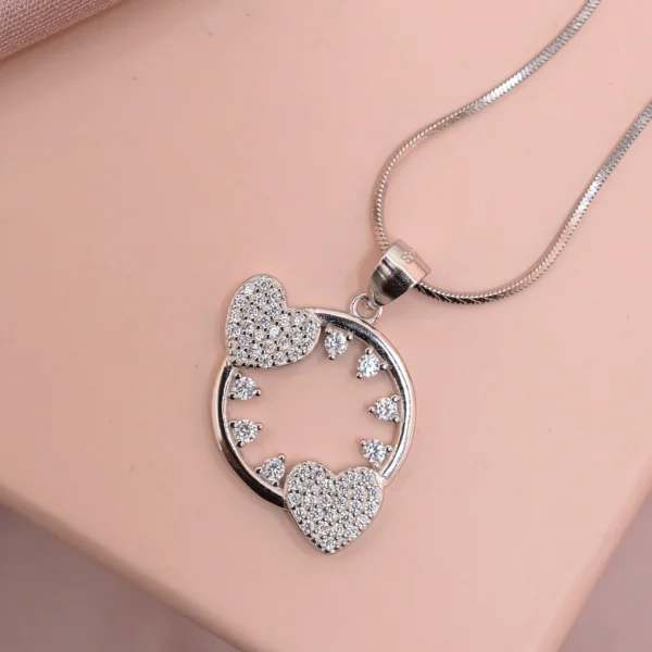 Close up of Double Heart CZ Pendant Necklace