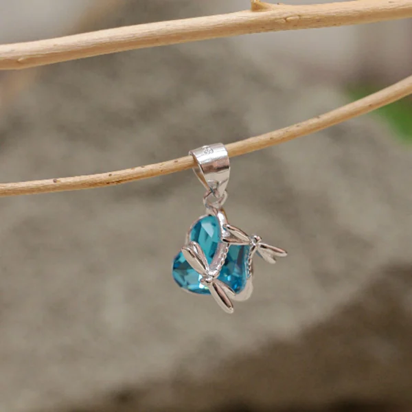 Close up of Blue Heart Dragonfly Pendant Necklace