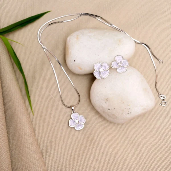 Full length view of Lavender Petal Bloom Pendant with Earrings