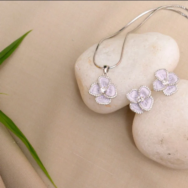 Top view of Lavender Petal Bloom Pendant with Earrings