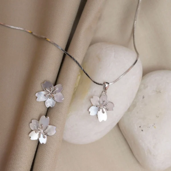 Full display of Blossom Petal Pendant with Earrings