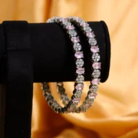 Hanging display of Pink Oval Stone CZ Designer Bangles in 925 silver