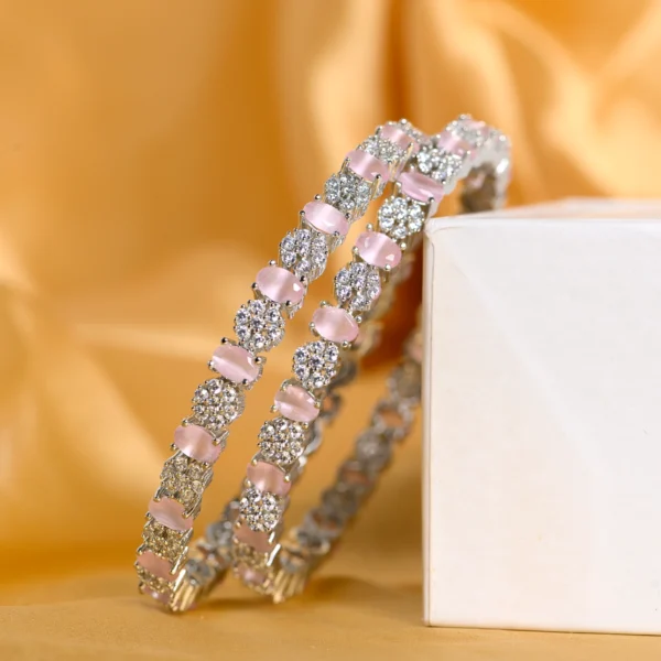 Close up display of Pink Oval Stone CZ Designer Bangles in 925 silver