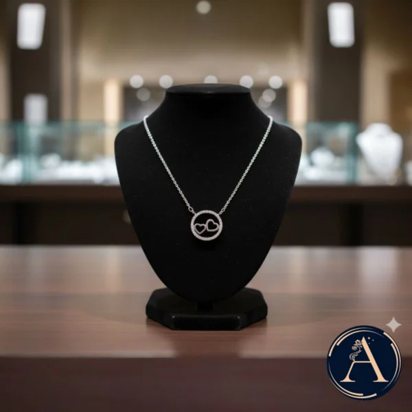 Display on bust of Dainty Double Hearts in CZ Halo Necklace – 925 Silver