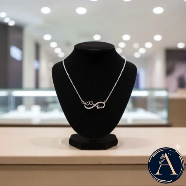 Display on bust of Infinity Hearts and Love Necklace – 925 Silver