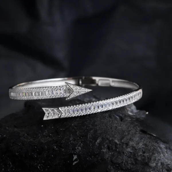 Front full display with arrow on top full CZs in view of Arrowline Bracelet – Sleek Baguette CZ Wrap in 925 Silver