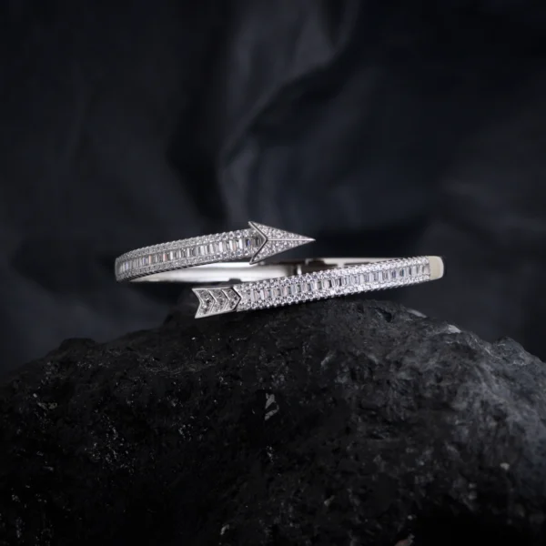 Front full display with arrow on top of Arrowline Bracelet – Sleek Baguette CZ Wrap in 925 Silver