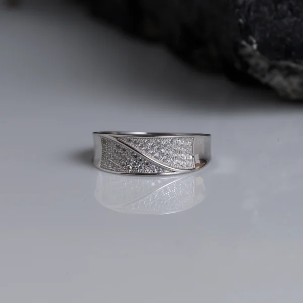 Front view of Classic CZ Wave Band Ring for Men– 925 Silver