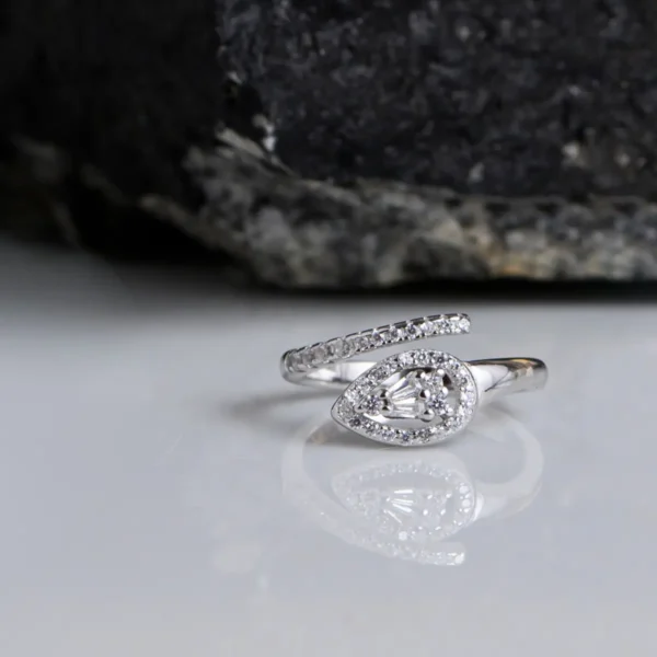 Front view with full CZ display of Teardrop CZ Ring – Pavé Shine Sleek Wrap in 925 Silver