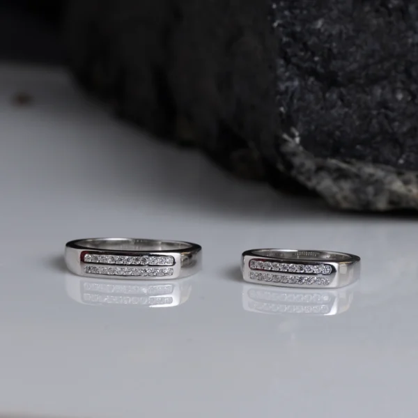 Full front display of CZs of Dual Line CZ Couple Band Rings 925 Silver