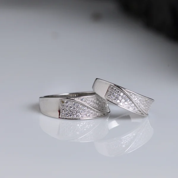 Full front view of Classic CZ Wave Band Rings for Couple– 925 Silver
