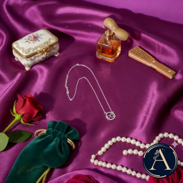 Full length view with pendant, chain and locking mechanism display of Dainty Double Hearts in CZ Halo Necklace – 925 Silver
