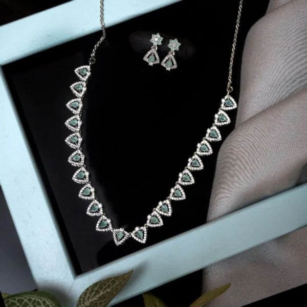 Frame far view of Trillion Cut Green Necklace Set