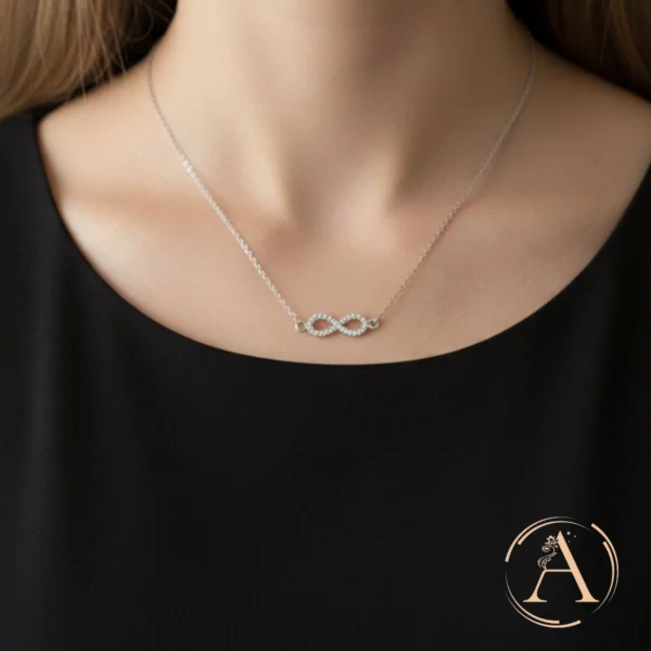Model Wearing Classic Infinity Necklace – 925 Silver