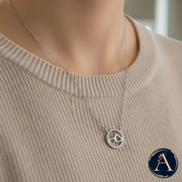 Model wearing Dainty Double Hearts in CZ Halo Necklace – 925 Silver