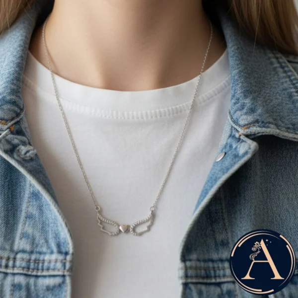 Model wearing Guardian Angel Wings Heart Necklace – 925 Silver