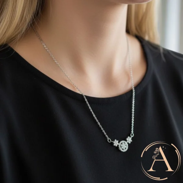 Model wearing Three Flower Cluster Necklace – 925 Silver
