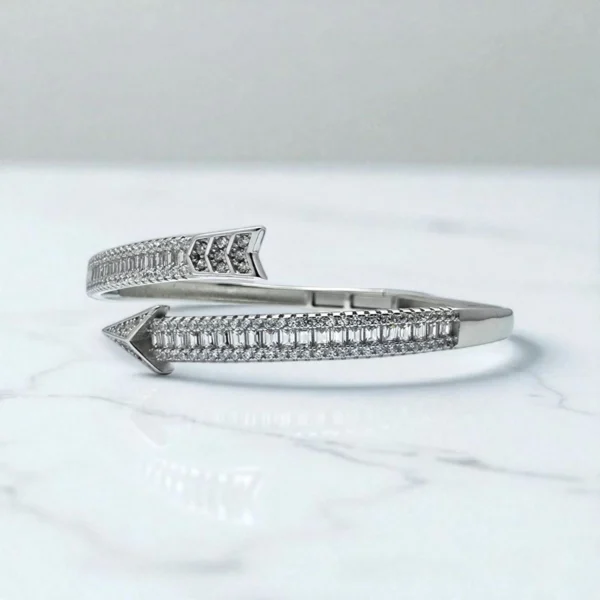 Side view of Arrowline Bracelet – Sleek Baguette CZ Wrap in 925 Silver on a lighter background to understand true shine