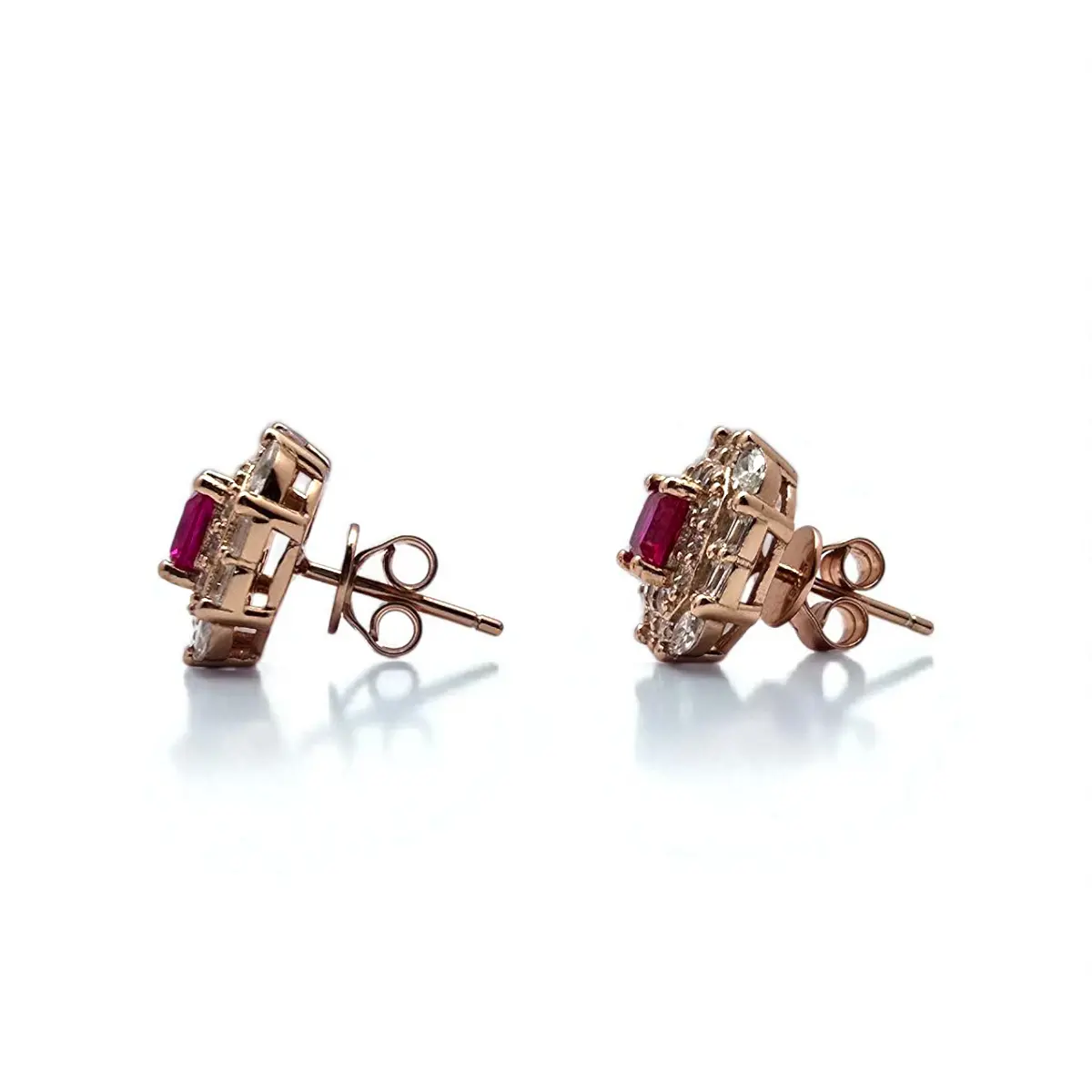 Regal Ruby Prism Studs – 925 Silver with Rose Gold Finish 2 Side view with locking mechanism display of Regal Ruby Prism Studs 925 Silver with Rose Gold Finish