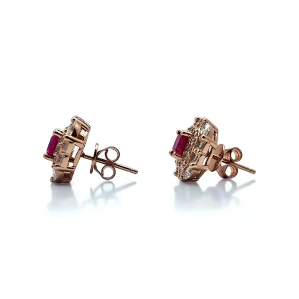 Side view with locking mechanism display of Regal Ruby Prism Studs – 925 Silver with Rose Gold Finish