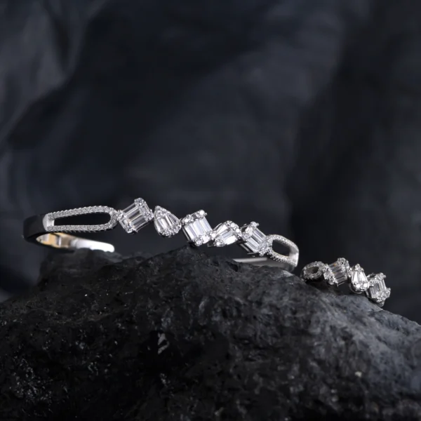 Tilted view of Geo-Duet CZ Set – Mixed-Cut Sparkle in 925 Silver