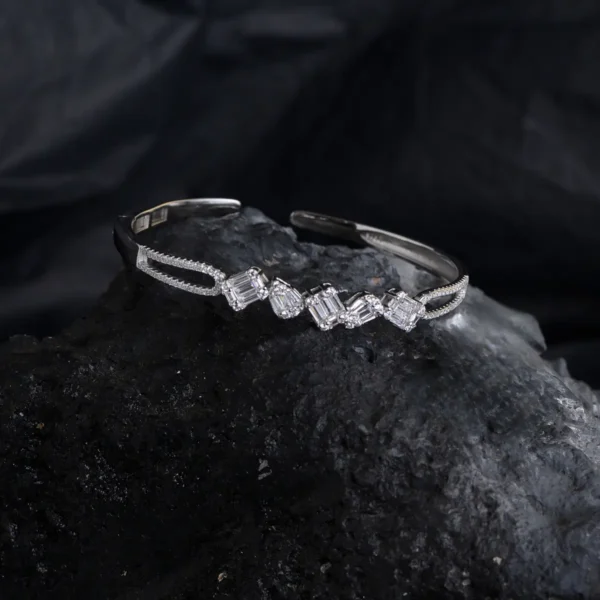 Titled top view of Geo-Duet CZ Bracelet – Mixed-Cut Sparkle in 925 Silver