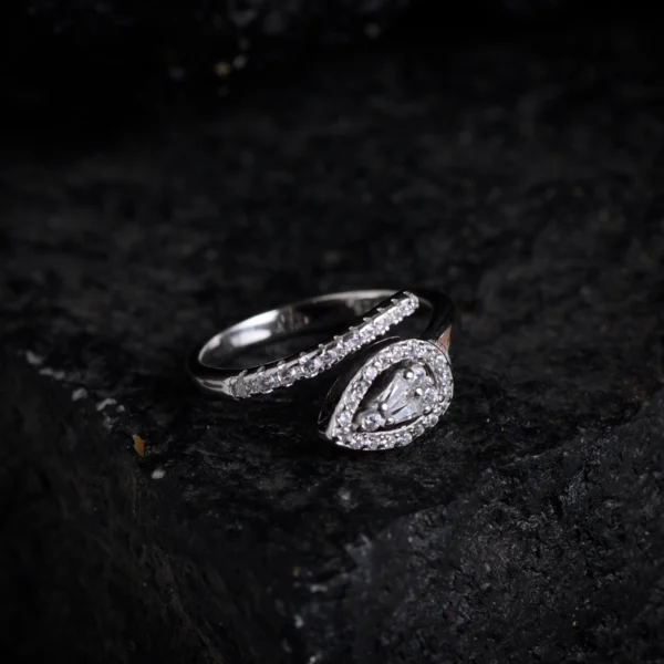 Top view with CZ band display of Teardrop CZ Ring – Pavé Shine Sleek Wrap in 925 Silver