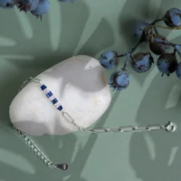 Centerpiece and lock mechanism display of Alternating Blue and White Bar Paperclip Bracelet 925 Silver
