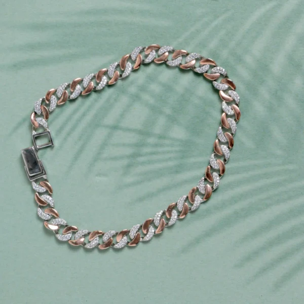Circular view with locking mechanism display of Dual-Tone CZ Cuban Link Bracelet 925 Silver