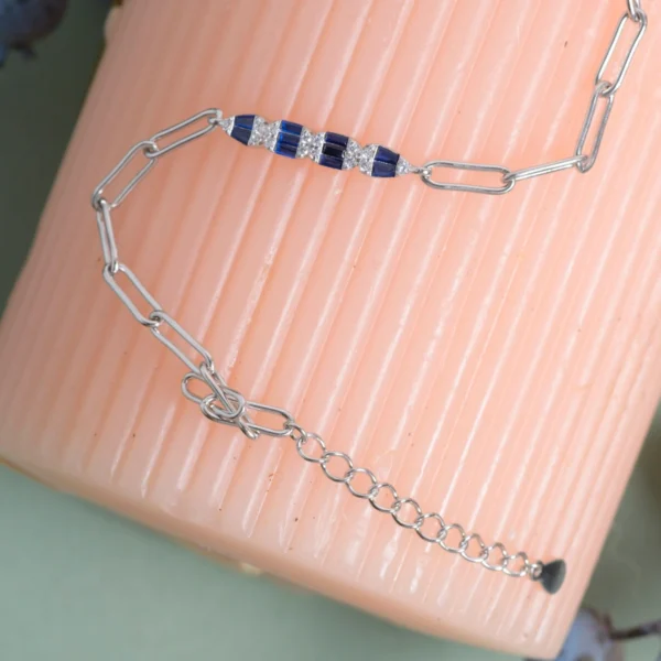 Close up of Alternating Blue and White Bar Paperclip Bracelet 925 Silver