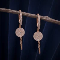 Close up of CZ Circle Drop Chain Earrings 925 Silver