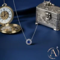 Close up of Dazzling Blue Dual Halo Necklace – 925 Silver