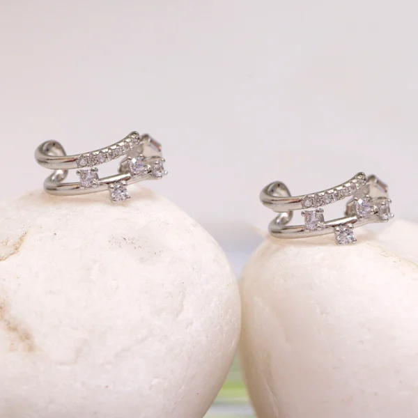 Close up of Double-Row CZ Bar Huggie Earrings 925 Silver