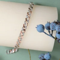 Close up of Dual-Tone CZ Cuban Link Bracelet 925 Silver