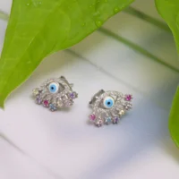 Close up of Evil Eye CZ Stud Earrings 925 Silver